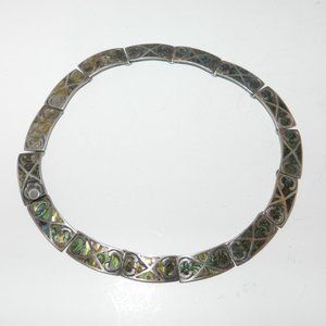 Vtg 70s  Mother Of Pearl Inlay Sterling Silver Necklace Signed Taxco DHS Mexico
